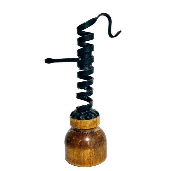 Other - Primitive Wrought Iron Courting Candle Spiral Candle Holder Wood Base 9" Antique